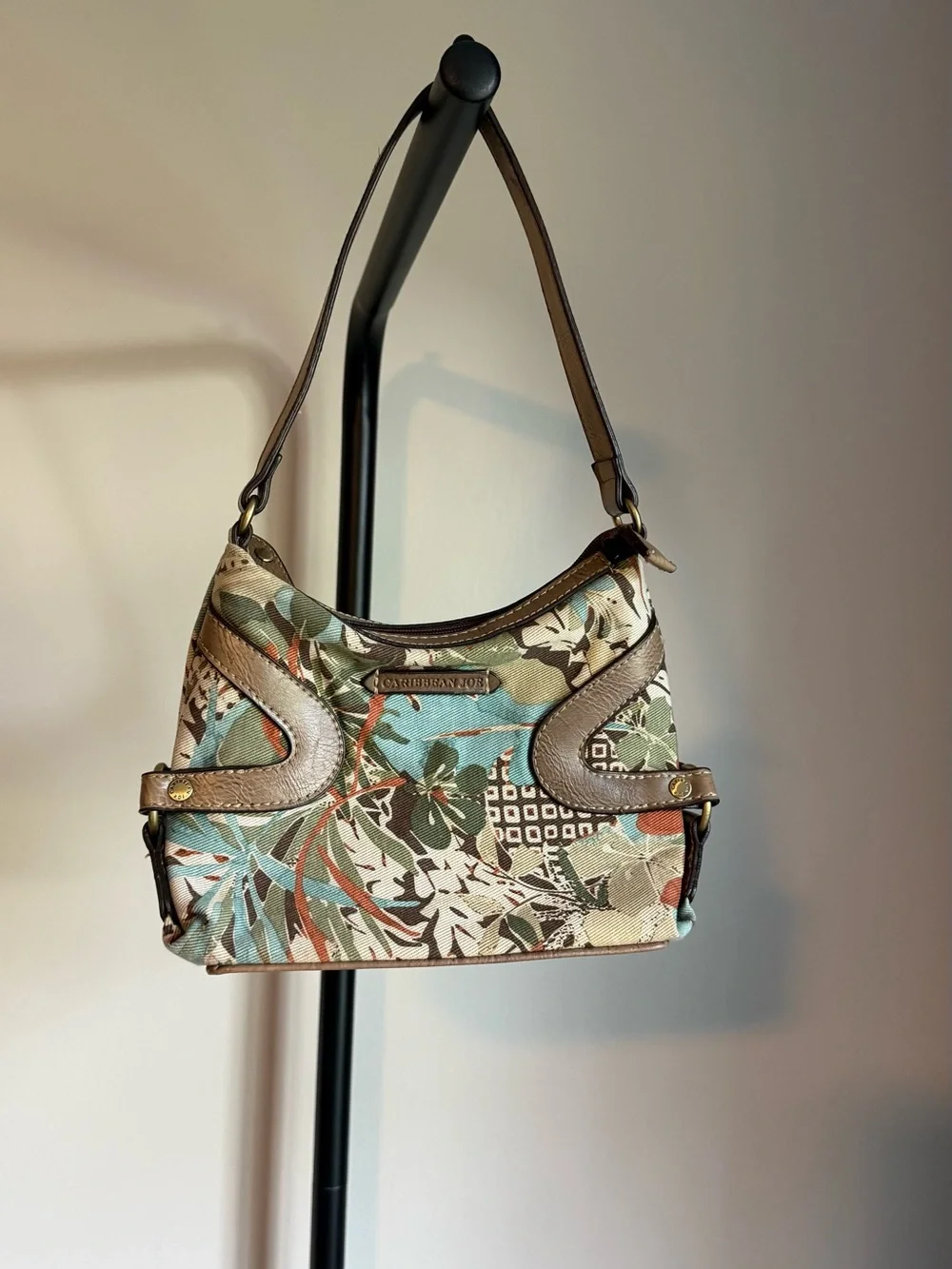 Caribbean Joe Floral Canvas Shoulder Bag in Teal, Green & Brown